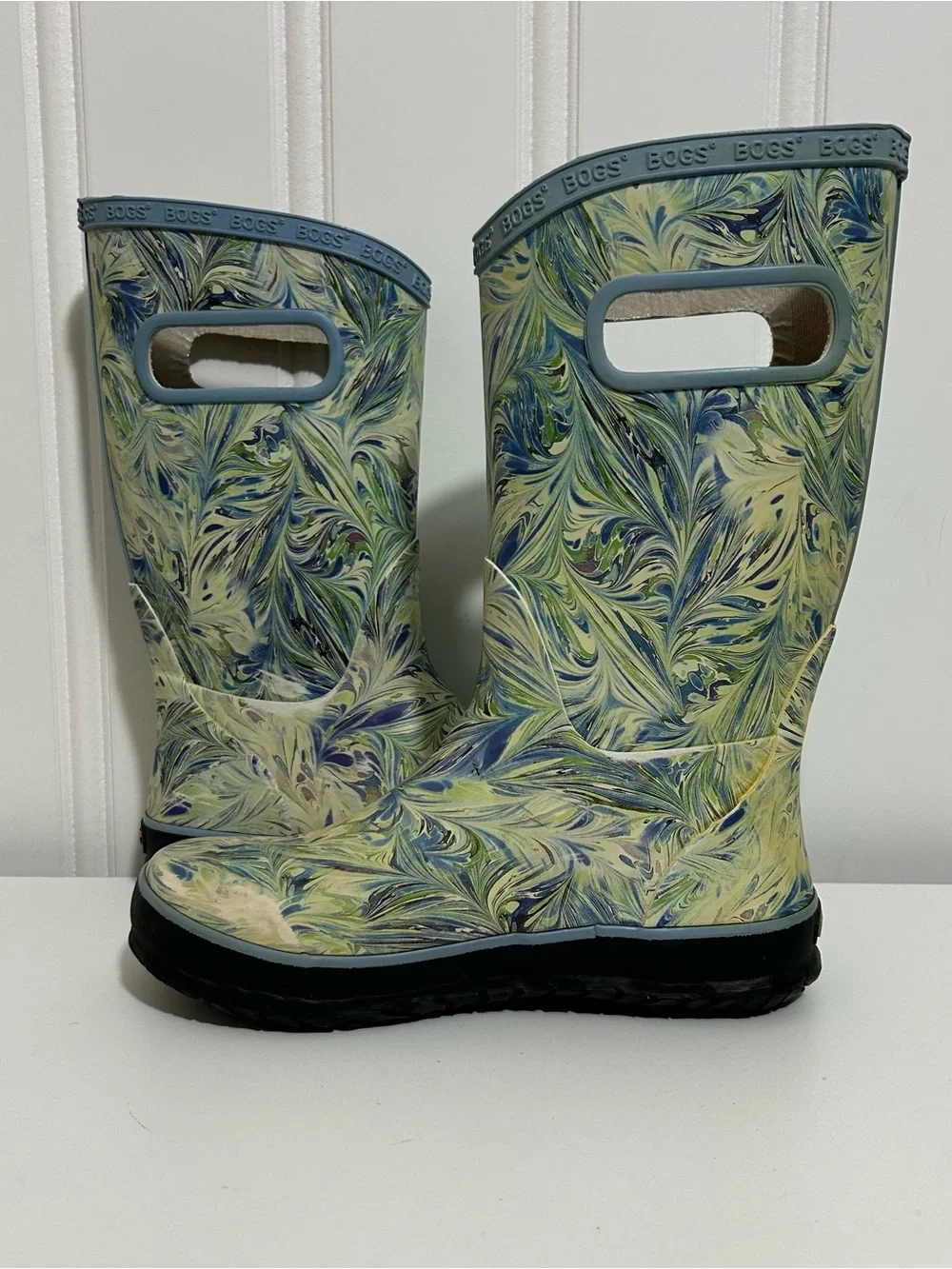 Bogs rubber rain boots blue green marble
